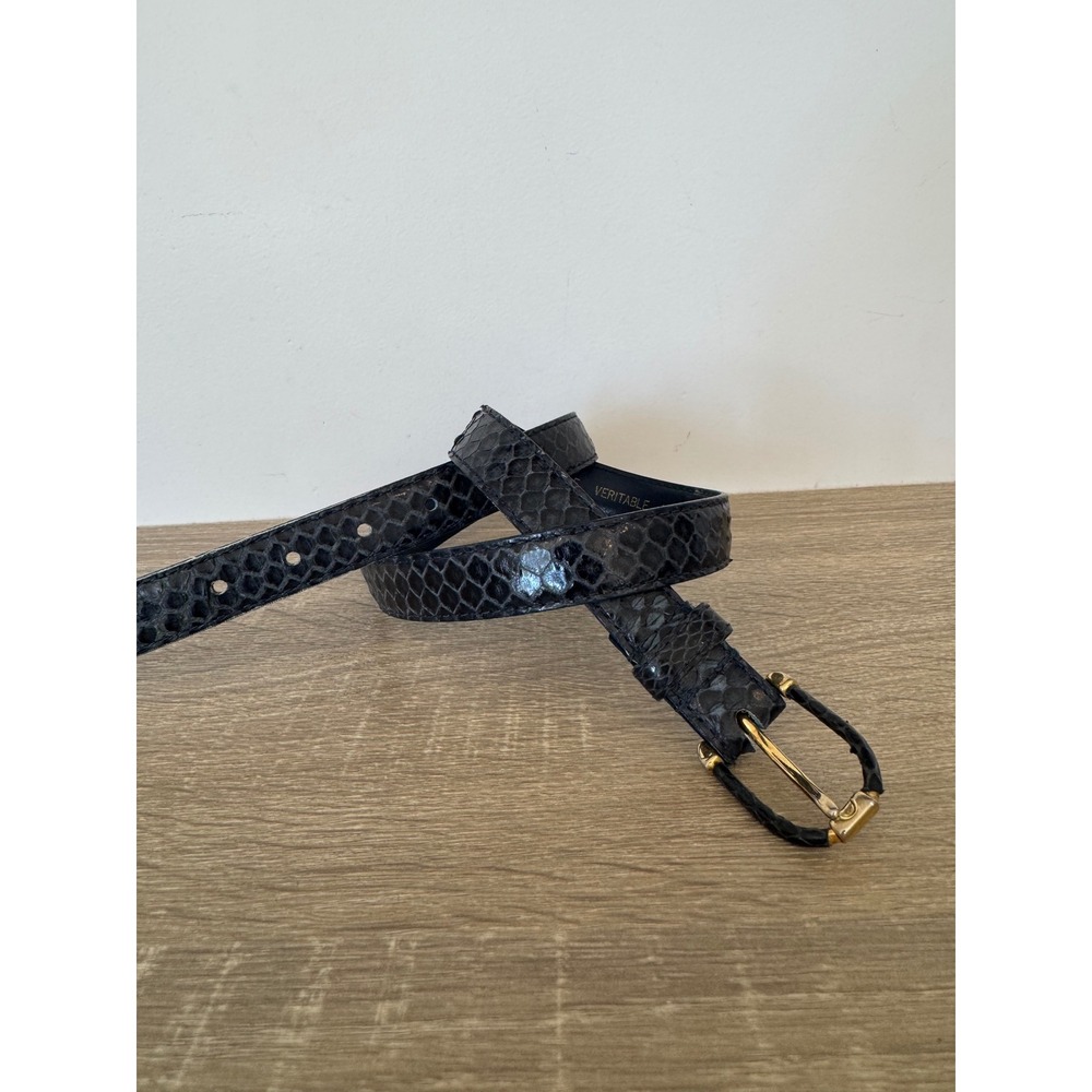 Vintage Navy Genuine Reptile Skin Belt Gold Buckle Small Skinny Snake Skin